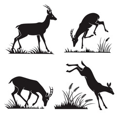 Four black antelope silhouettes in motion deer grass