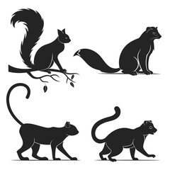 Four black animal silhouettes on white squirrel panther