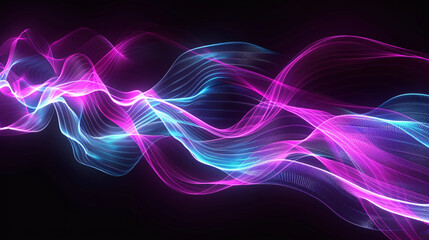 Naklejka premium Vibrant neon waves of pink and blue light flow gracefully across a dark background, symbolizing energy, technology, creativity, futuristic design, and the mesmerizing elegance of abstract motion in di