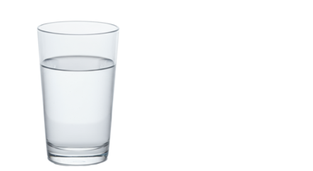 A perfectly clear glass tumbler filled with pure, transparent water, perfectly centered on a transparent studio surface with ample negative space, soft studio light. Concept of pristine purity and
