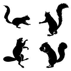 Four black squirrel silhouettes in various poses white