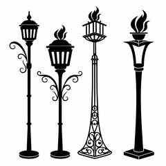 Four black torch lamps with flames light outdoor