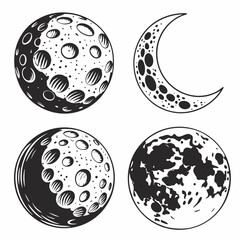 Four celestial bodies cratered surfaces moon lunar