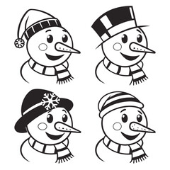 Four cheerful snowman faces winter hats scarves silhouette