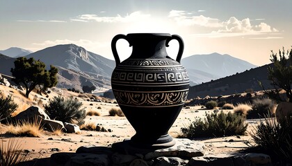 Ancient vase in desert landscape