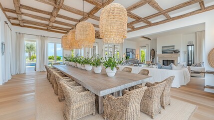 Coastal home's long dining table, ocean view, living room