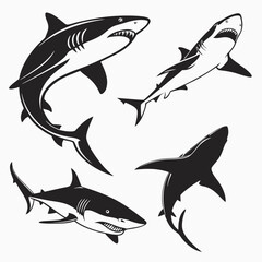 Four shark silhouettes dynamic poses black white