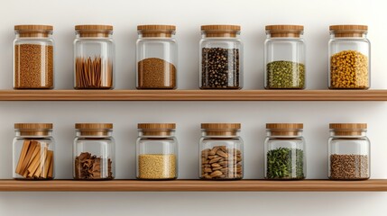 Colorful spice and seed jars neatly lined up on wooden shelves create an organized and vibrant display in a simple, minimalist style