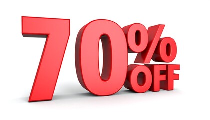 3D render of a red "70% off" sale sign