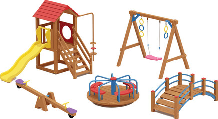 Children playground equipment set, slide, swing, seesaw, bridge, merry-go-round, outdoor fun, park play structures, 3D vector illustration