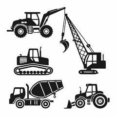 Heavy machinery collection black silhouettes construction vehicles