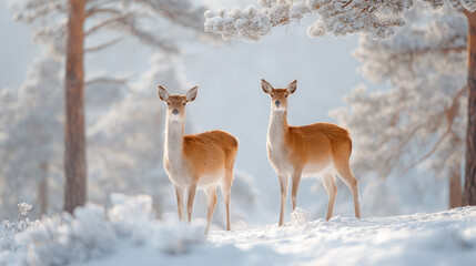 Obraz premium two majestic deer gracefully standing in snowcovered landscape surrounded by tall evergreen trees