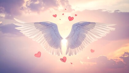 Angel wings in sky with hearts