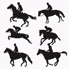 Horse rider silhouettes various poses equestrian riding