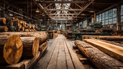 Vintage Timber Mill Interior with Logs and Machinery Industrial Heritage