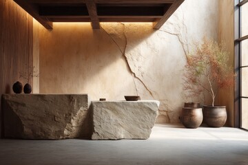 Minimalist Zen Spa Interior Featuring Stone Countertops and Natural Decor with Rustic Charm, Concept of Tranquility and Wellness for Spa Services, Interior Designers, and Hospitality Industry