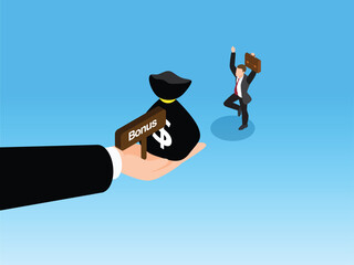 Happy businessman receiving a bonus from a giant hand 3d isometric vector illustration
