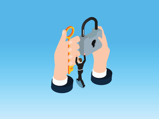 Businessman with a key trying to open a padlock 3d isometric vector illustration