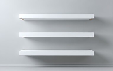 Three white floating shelves against a gray wall