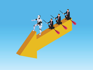 Business team and robot paddling a boat on a giant arrow 3d isometric vector illustration