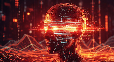 Digital human head with glowing eyes and circuit patterns in a red and black abstract environment