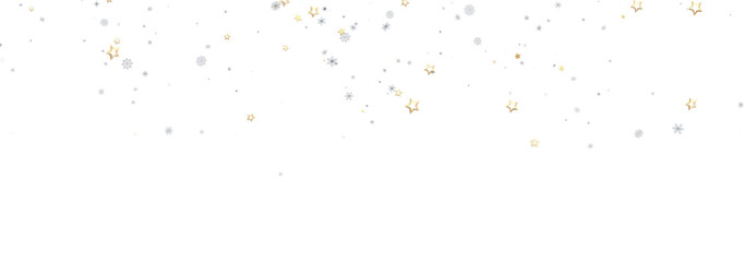 Festive winter background with silver and gold stars and snowflakes falling on white.