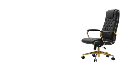 Photorealistic studio shot of a luxurious, contemporary executive chair with black finishes and gold accents, conveying gravitas, on a transparent background, concept of corporate power