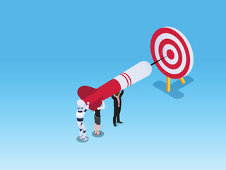 Targeted business success with teamwork between humans and artificial intelligence 3d isometric vector illustration