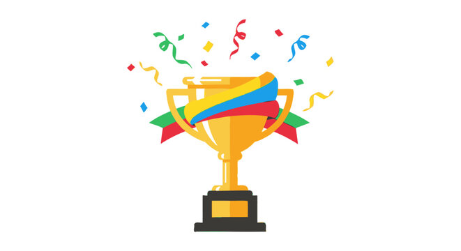 Golden winners trophy cup with a colorful ribbon and exploding confetti.
