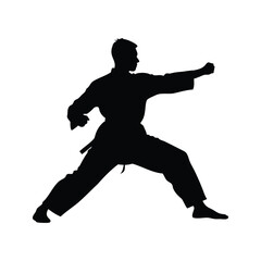 Silhouette of a Karate Practitioner in a Dynamic Punching Stance, Against White Backdrop, martial artist sparring silhouette vector illustration