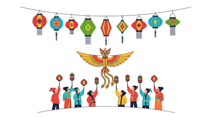 Colorful Lanterns and Kite Festival Celebration with People.