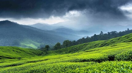 Fototapeta premium Golden sunlight casts a warm glow over lush green tea plantations nestled in the mountains, creating a breathtaking sunset landscape