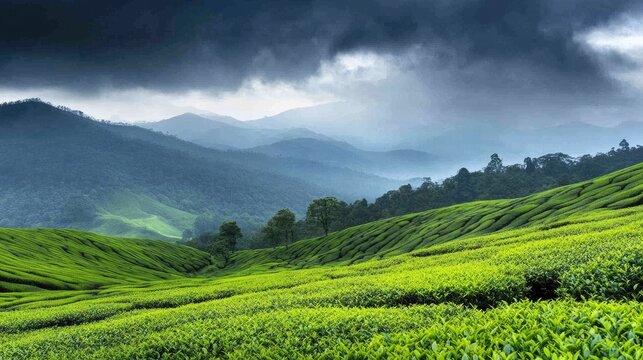 Golden sunlight casts a warm glow over lush green tea plantations nestled in the mountains, creating a breathtaking sunset landscape - Powered by Adobe