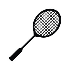 Minimalistic black and white illustration of a badminton racket on white background, badminton racket silhouette vector illustration