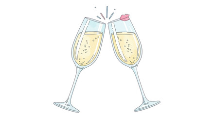 Two Champagne Glasses Toasting with Bubbles and a Pink Lipstick Mark.