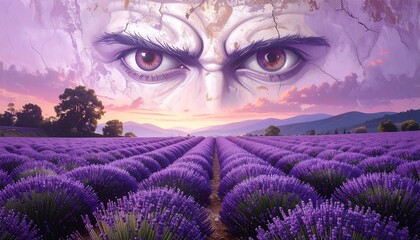 Angry face over lavender field