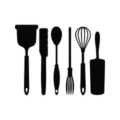 Silhouette of essential kitchen tools ready for culinary adventures and cooking projects, baking utensils silhouette vector illustration