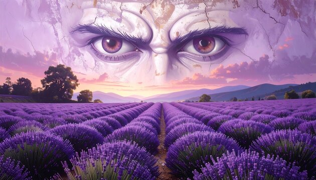 Angry face over lavender field