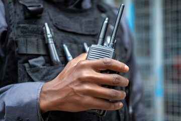 Obraz premium Security Officer Holding Portable Radio Communication Device