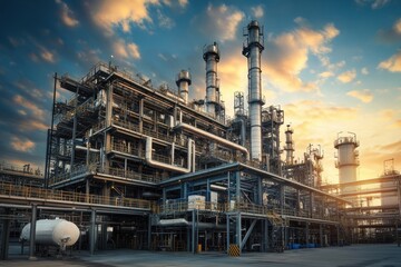 Fototapeta premium Industrial complex with smokestacks against a sunset sky in an urban setting