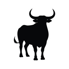 Powerful Black Silhouette of a Bull with Large Horns on White Background, bull with horns silhouette vector illustration