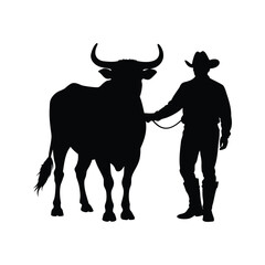Silhouette of a cowboy leading a bull on a white background image, bull with cowboy silhouette vector illustration