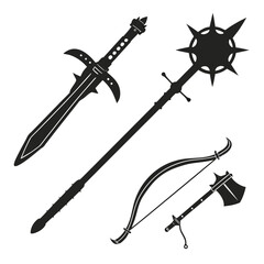Medieval weapon silhouettes sword mace bow axe vector