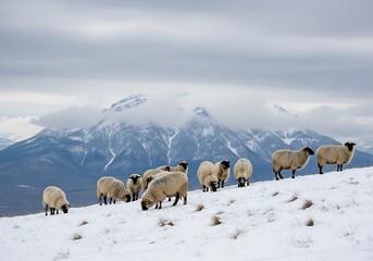 Naklejka premium Sheep grazing on snowy mountain slope