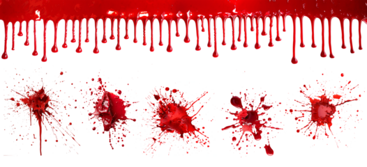 Set of red blood drips and splatters isolated on white or transparent background, row of dripping blood, horror, crime, Halloween, cut out png