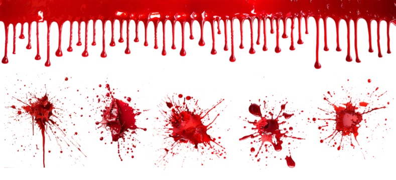 Set of red blood drips and splatters isolated on white or transparent background, row of dripping blood, horror, crime, Halloween, cut out png