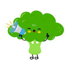 Cute broccoli character with a megaphone making an announcement.
