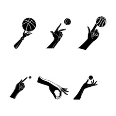 Set of silhouette vector illustrations of hands playing with basketball, showing different gestures, holding, throwing and spinning ball, isolated on white background.