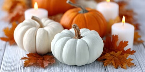 Stunning Autumn Centerpiece Featuring White and Orange Pumpkins, Candles, and Colorful Fall Foliage