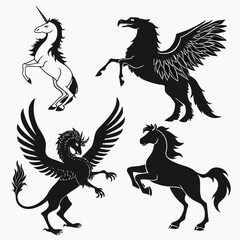 Mythical creatures silhouettes unicorn griffin pegasus